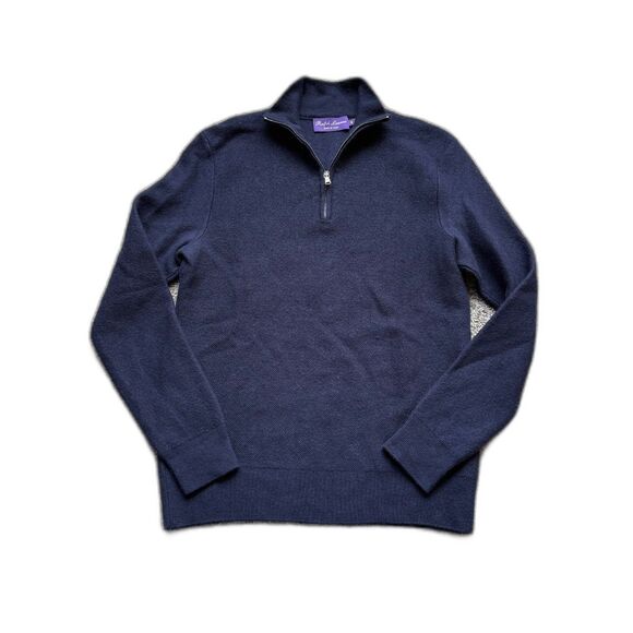 RALPH LAUREN PURPLE LABEL QUARTER ZIP WOOL PULLOVER SWEATER BLUE MEN SMALL ITALY - Picture 1 of 9